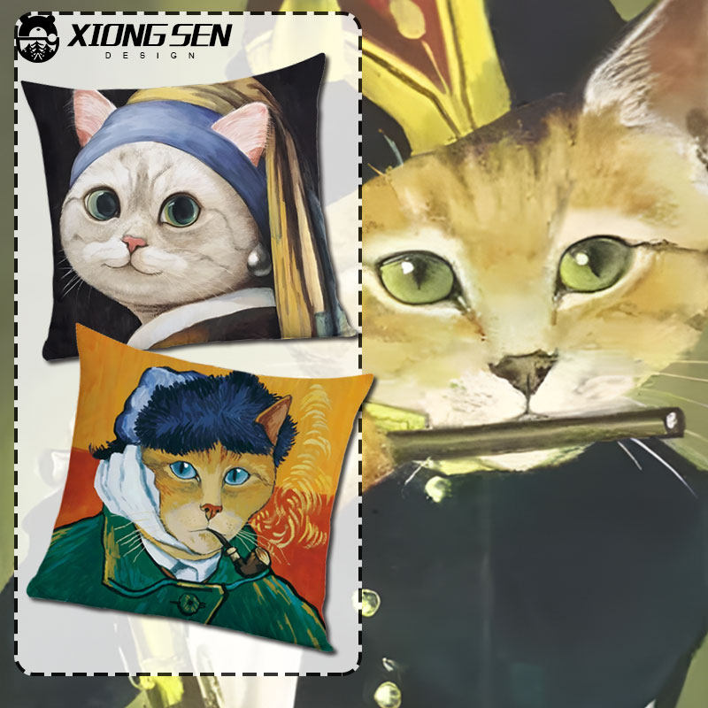 猫咪梵高油画戴珍珠耳环的少女蒙娜丽莎抱枕腰枕沙发靠垫汽车靠枕