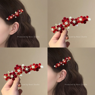 红色植绒花朵水钻发夹女刘海侧边鸭嘴夹子高级感发卡发饰2026新款