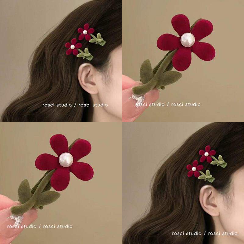 红色丝绒花朵发夹女前额公主头碎发刘海侧边夹2025新款鸭嘴夹发卡