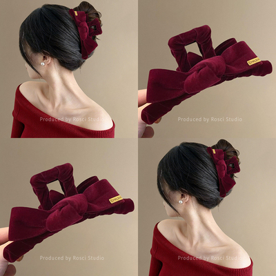 复古金标丝绒红色蝴蝶结抓夹女盘发后脑勺发夹秋冬2026新款鲨鱼夹