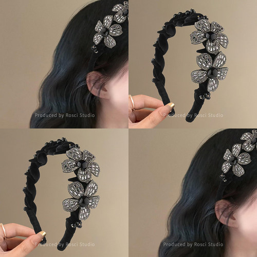 韩系高级感轻奢水钻花朵发箍女2025新款高颅顶头箍丝绒压发卡发捆