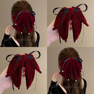 红色丝绒蝴蝶结马尾飘带抓夹女2026新款高级感后脑勺新年半扎发夹
