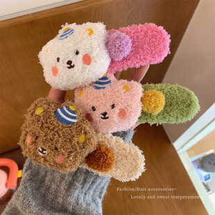 秋冬布丁熊毛绒发夹女后脑勺2025新款鸭嘴夹侧边大号刘海夹发卡子