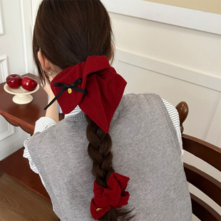 新年红色方巾大肠发圈秋冬蝴蝶结扎马尾头绳高级感耐用发绳橡皮筋