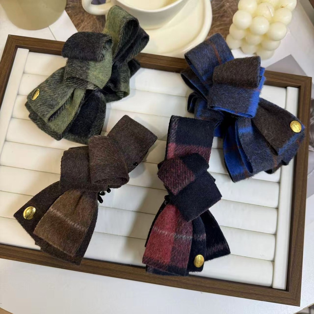 高级感格纹毛呢香蕉夹蝴蝶结发夹女2025新款高马尾竖夹气质扭扭夹