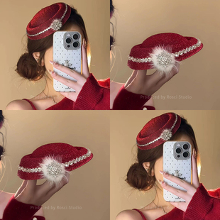 新年红色小礼帽发夹女闪钻毛球雪花发卡节日氛围感拍照头饰鸭嘴夹