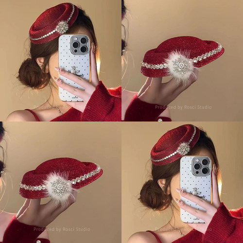 新年红色小礼帽发夹女闪钻毛球雪花发卡节日氛围感拍照头饰鸭嘴夹