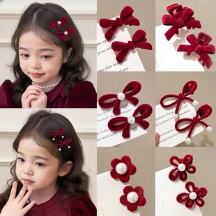 红色新年蝴蝶结小发夹儿童植绒抓夹蝴蝶结刘海夹秋冬侧马尾编发夹
