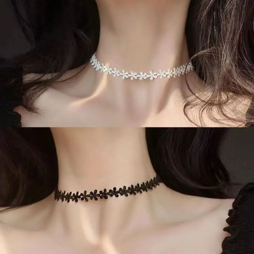 黑白简约蕾丝小花朵颈链女2025新款日常百搭短款锁骨链项圈choker
