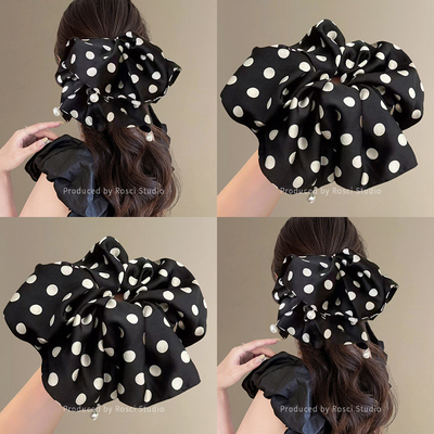 黑色高级感缎面波点大号大肠发圈女2025新款气质珍珠扎头发绳皮筋