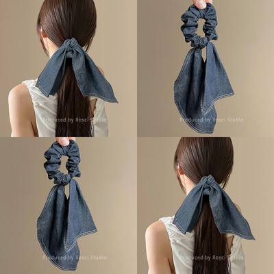 慵懒风牛仔飘带蝴蝶结发圈女高级感2025新款气质扎头发绳丸子发饰