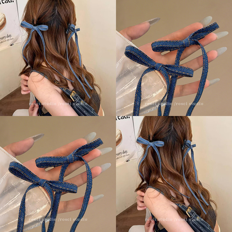 复古牛仔蓝蝴蝶结抓夹女2025新款刘海侧边夹飘带发夹子头饰鸭嘴夹