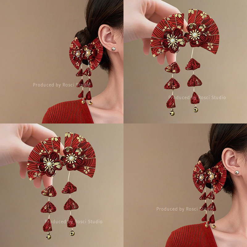 新中式红色扇子流苏发夹女古风高级感2025新款侧边夹汉服旗袍发饰