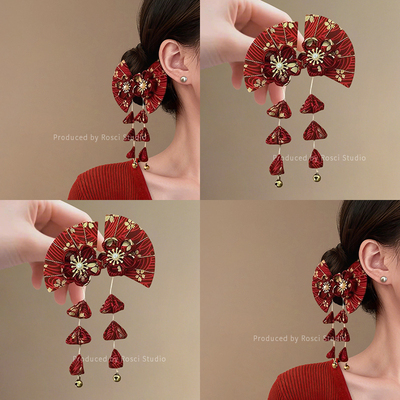 新中式红色扇子流苏发夹女古风高级感2025新款侧边夹汉服旗袍发饰