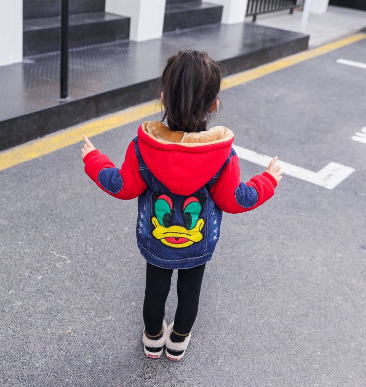 女童秋冬加绒牛仔外套2025新款加厚保暖卫衣男童韩版冬装连帽棉袄