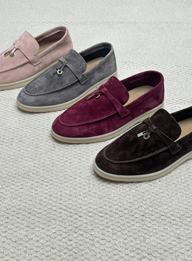 莞产真皮圆头单鞋舒适流苏扣懒人一脚蹬乐福鞋麂皮休闲平底豆豆鞋