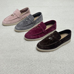 莞产真皮圆头单鞋舒适流苏扣懒人一脚蹬乐福鞋麂皮休闲平底豆豆鞋