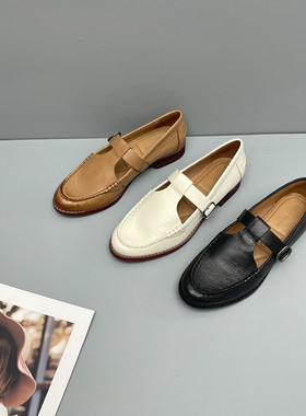 Kacey德芙琳女鞋真皮复古丁字鞋t型玛丽珍乐福鞋鹿皮小皮鞋英伦风