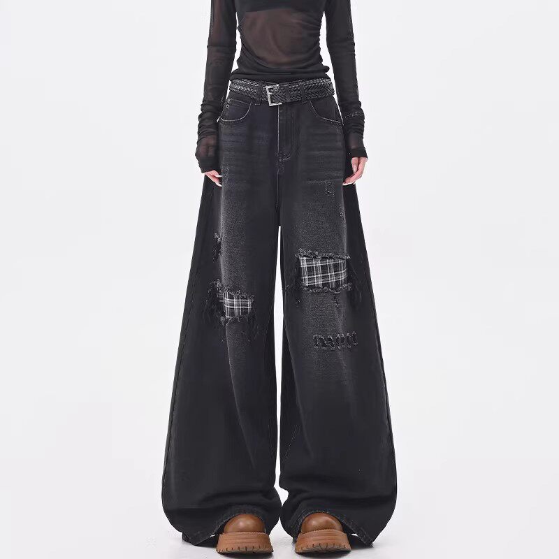美式复古格子拼接牛仔裤女2026春夏季高腰宽松阔腿裤破洞拼接裤子