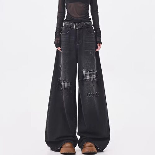 复古格子高腰阔腿破洞牛仔裤女