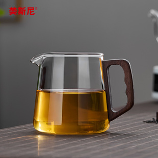 美斯尼玻璃公道杯耐高温加厚分茶器高档功夫茶具木把茶海茶漏套装