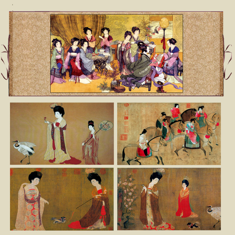 传世名画绢布材质唐宫仕女图高清艺术微喷捣练图簪花仕女图美女图