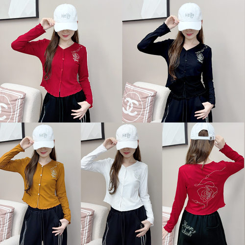 秋冬新款广场舞上衣女玫瑰烫钻开衫长袖T恤辣妹修身爵士舞跳舞衣