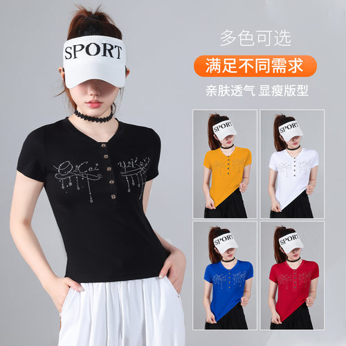 夏季广场舞棉短袖烫钻钉扣上衣女