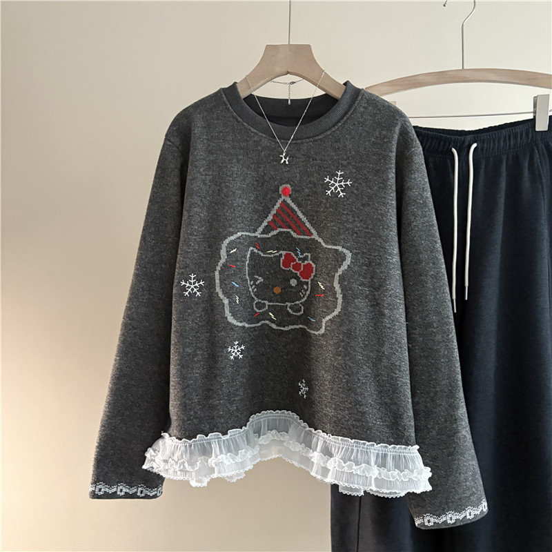 韩国订单甜美卡通圣诞小猫加绒加厚圆领卫衣女冬保暖花边拼接内搭