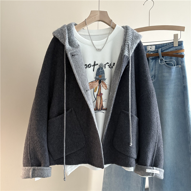 韩国订单冬毛线针织连帽拼接双面羊绒大衣女短款宽松洋气显瘦外套