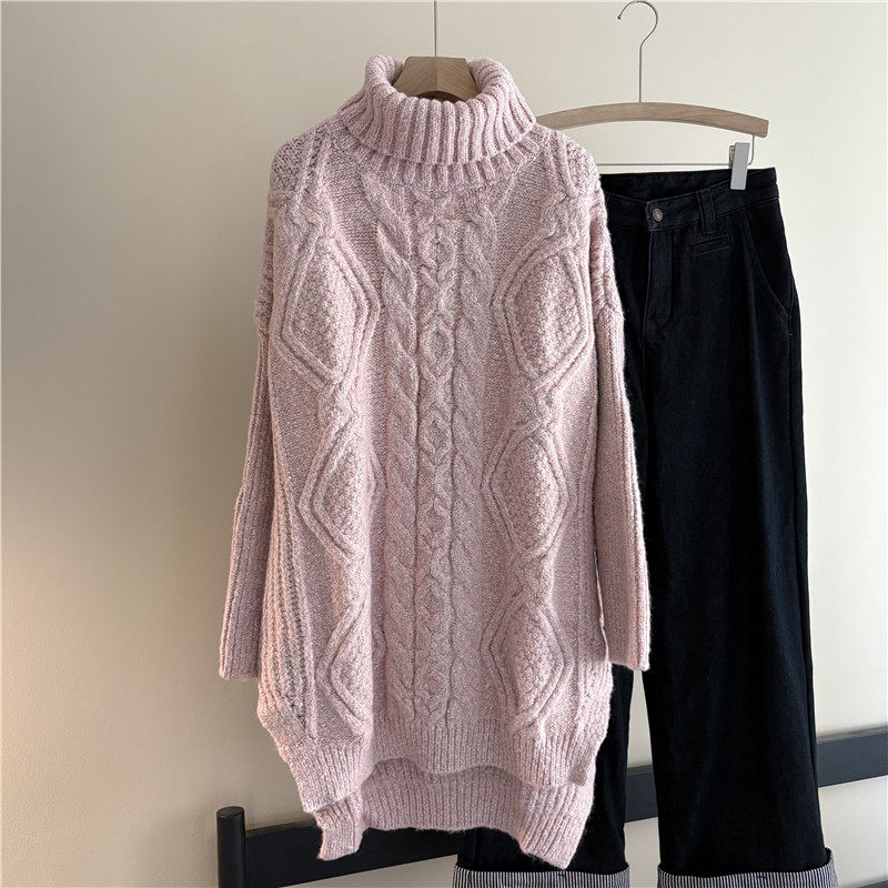 韩国订单慵懒风高领加厚麻花扎染毛衣女宽松前短后长显瘦套头上衣