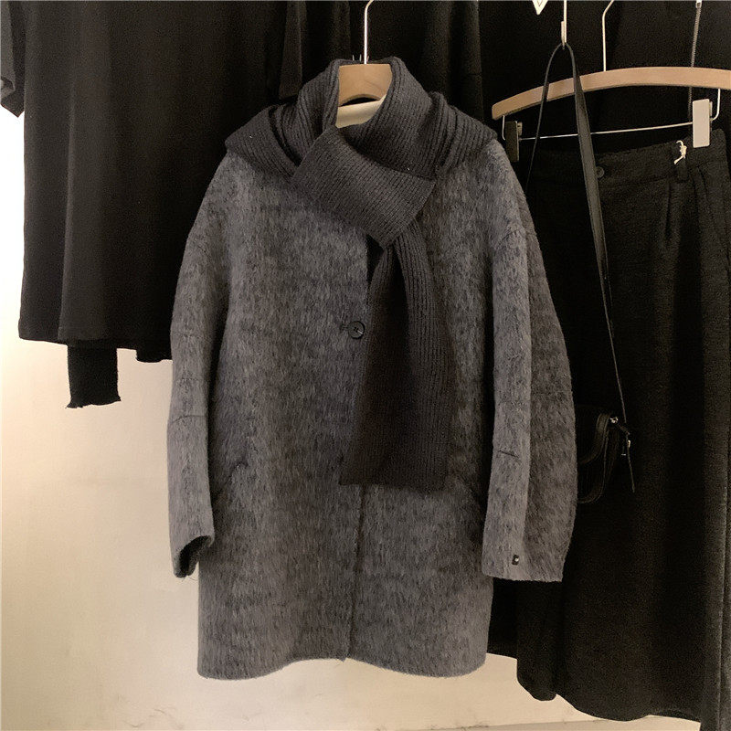 韩国订单秋冬新款宽松慵懒风可拆围巾领中长款毛呢外套女保暖大衣