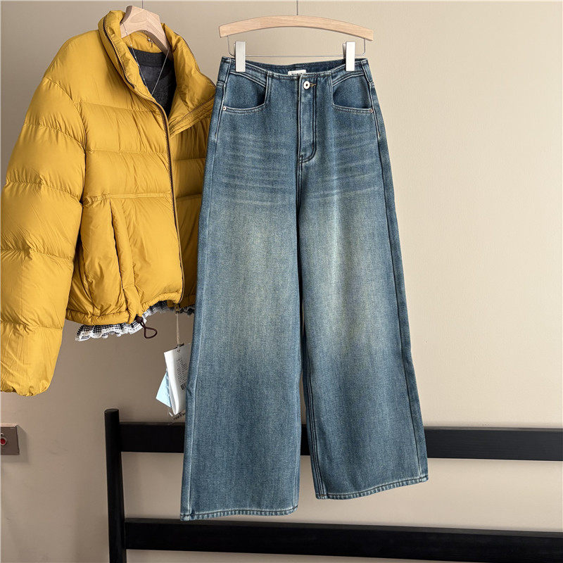 韩国订单复古高腰阔腿微喇牛仔裤女宽松显瘦一粒扣设计感直筒长裤