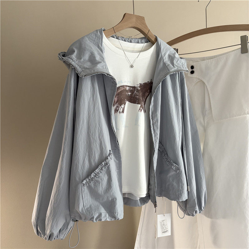 韩国订单宽松连帽防风夹克女春秋花边设计短外套抽绳运动感上衣潮