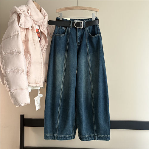 韩国订单复古高腰弯刀牛仔裤女显瘦阔腿裤中线加厚一体绒休闲裤冬