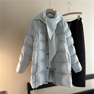 针织披肩中长款羽绒服女冬季90白鸭绒拆卸围巾外套2025新款