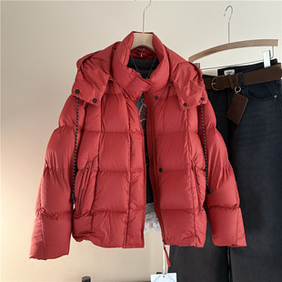 韩国订单圣诞红短款连帽羽绒服女冬宽松90白鸭绒龟背面包服外套冬
