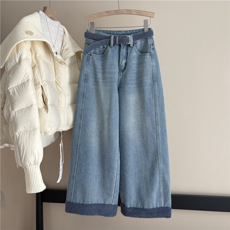 韩国订单秋冬新款复古高腰直筒阔腿牛仔裤女拼接羊羔毛九分休闲裤