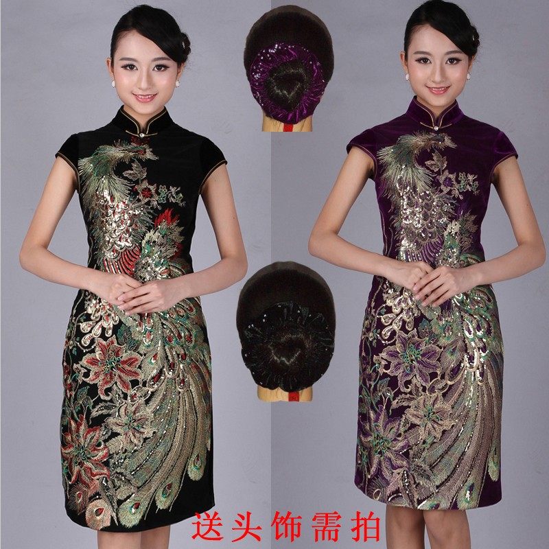 丝绒旗袍 中老年复古中长时尚晚礼服 凤与牡丹婚礼妈妈服新款夏装