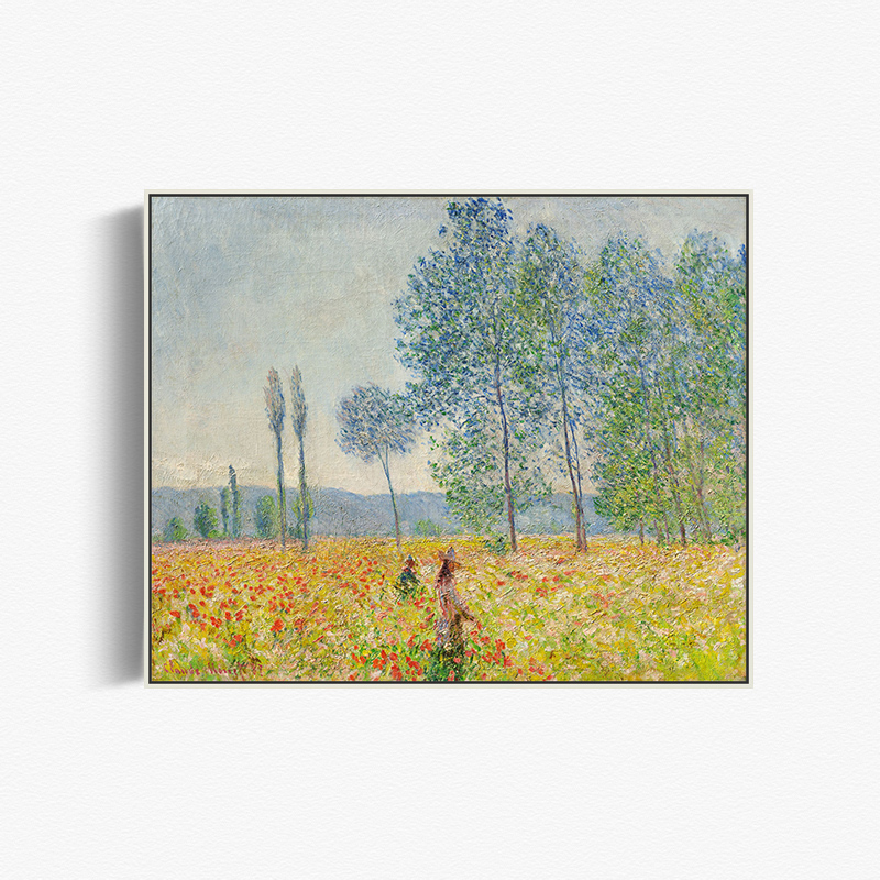 白杨树下的花田 莫奈油画布印刷画风景画客厅卧室沙发背景装饰画