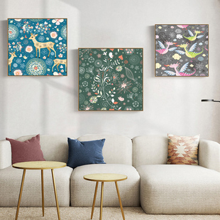 小清新卡通插画 油画布喷绘挂画客厅卧室沙发背景装饰画儿童房画