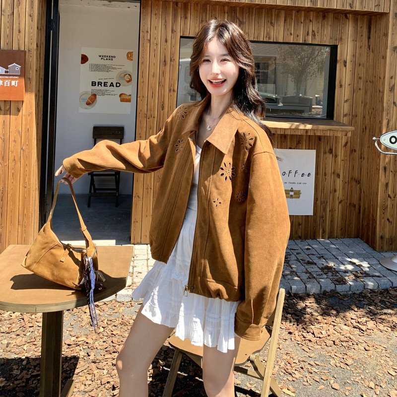 高级感美式刺绣休闲女春秋韩版百搭翻领宽松小个子夹克短外套潮