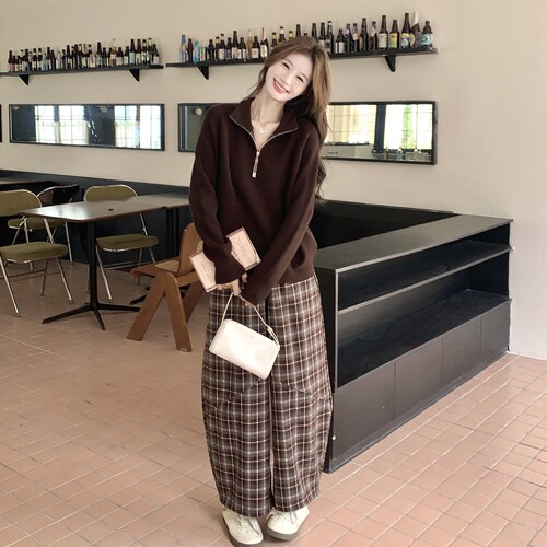 韩系复古半拉链针织套装女秋季立领宽松毛衣格子阔腿裤休闲两件套