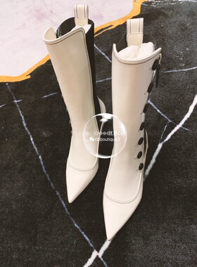 chenyunmu  尖头黑白拼色纽扣拉链高跟靴