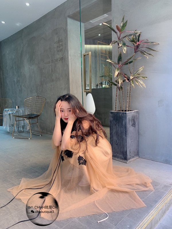 【chenyunmu】亏清闭眼入豪华顶配仙女奶茶色花朵网纱拼接连衣裙