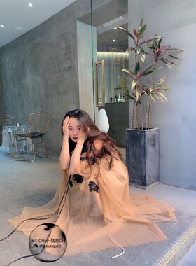 【chenyunmu】亏清闭眼入豪华顶配仙女奶茶色花朵网纱拼接连衣裙