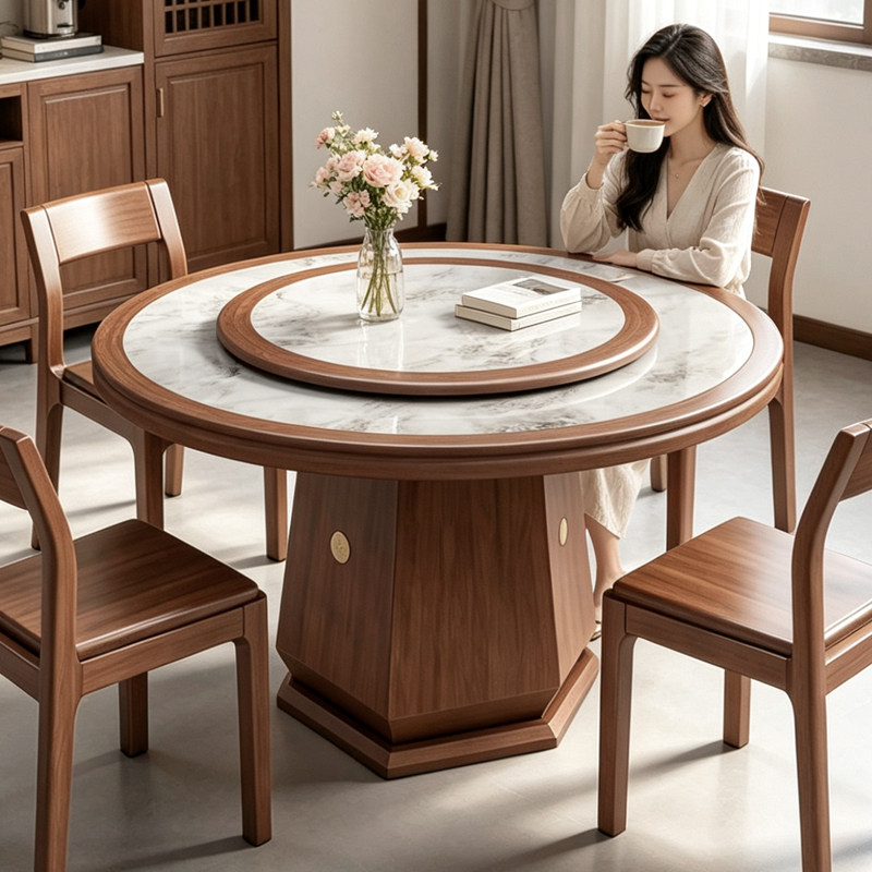 宋式美学实木岩板餐桌新中式圆桌家用高级感圆形饭桌小户型圆餐桌