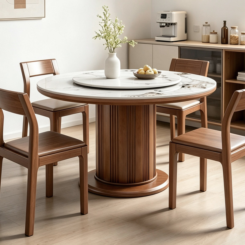 实木岩板餐桌圆形带转盘现代简约家用圆桌小户型餐厅吃饭桌椅组合