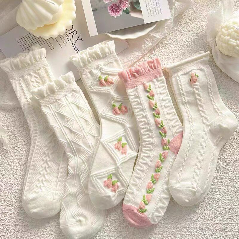 白色袜子女花边秋季堆堆袜中筒袜可爱日系jk长袜透气月子袜