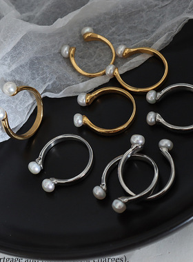 欧美风巴洛克天然淡水珍珠镶嵌戒指 个性时尚U形开口设计镀金尾戒